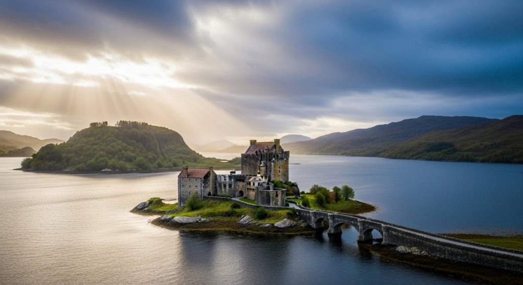 In einem schottischen See liegt eine kleine Insel, darauf ein altes, hohes Schloss. Das Schloss spiegelt sich auf der stillen Wasseroberfläche.