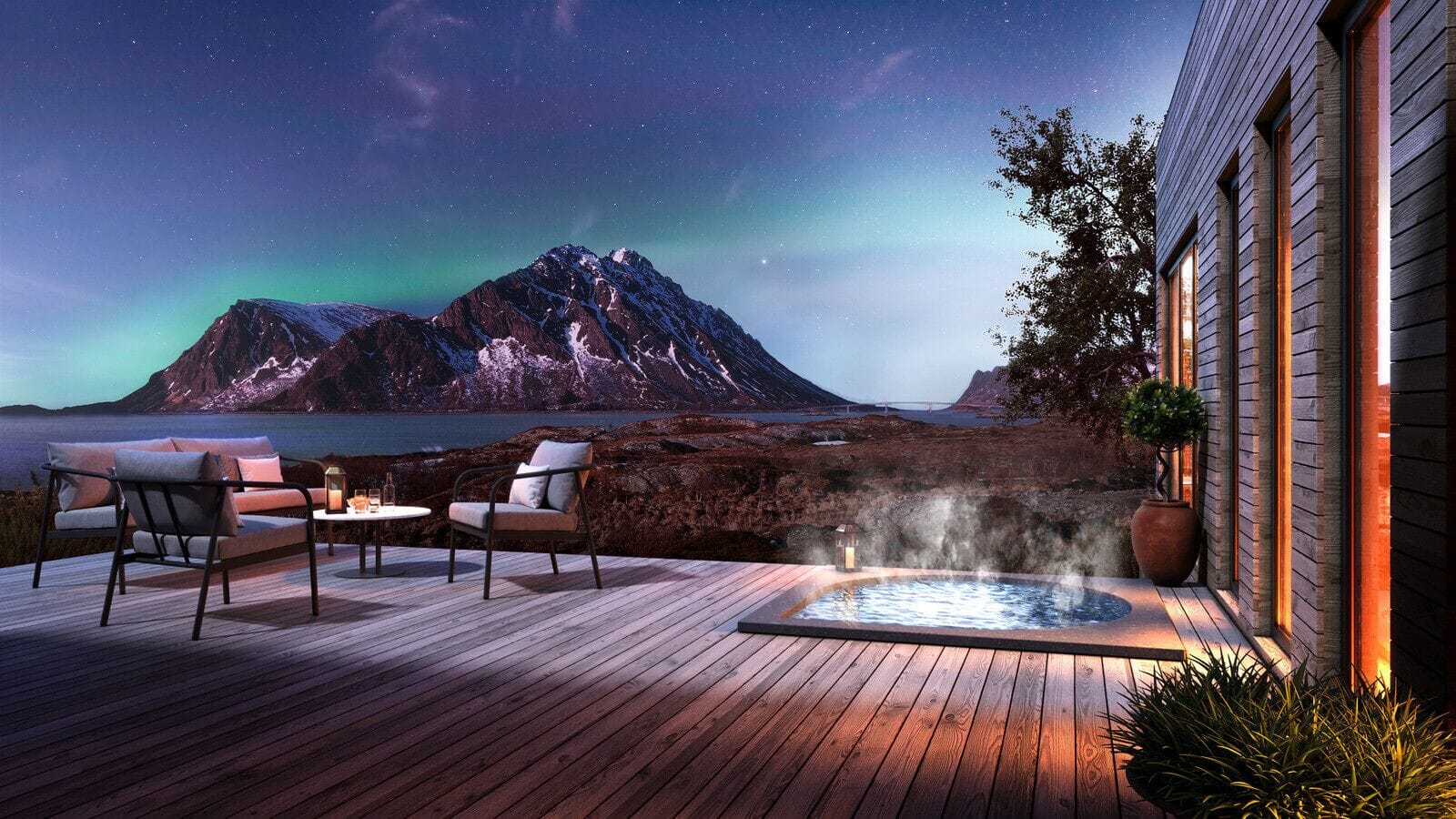 Ferienhaus in den Lofoten in Norwegen mit Blick auf Nordlichter 
