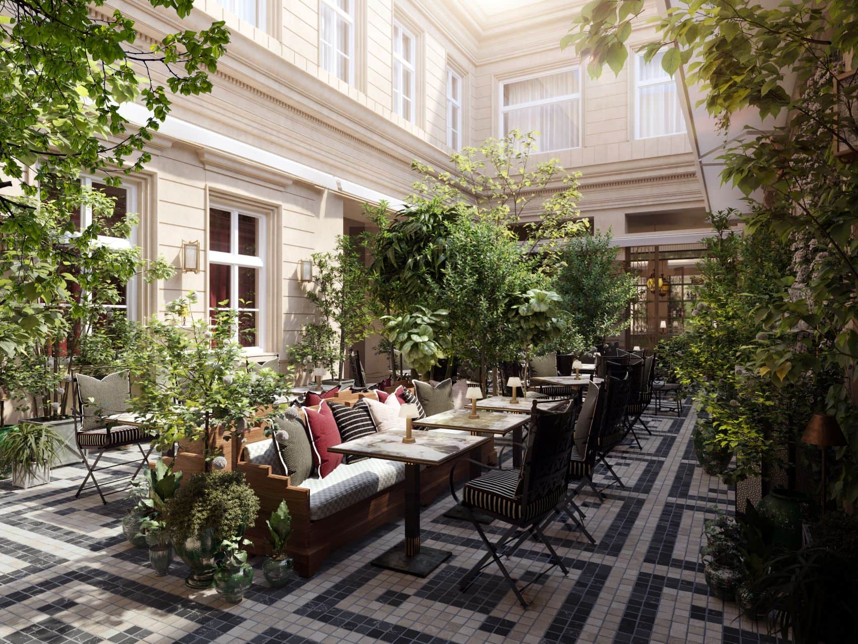 Terrasse im Innenhof des Sir Prague Hotel