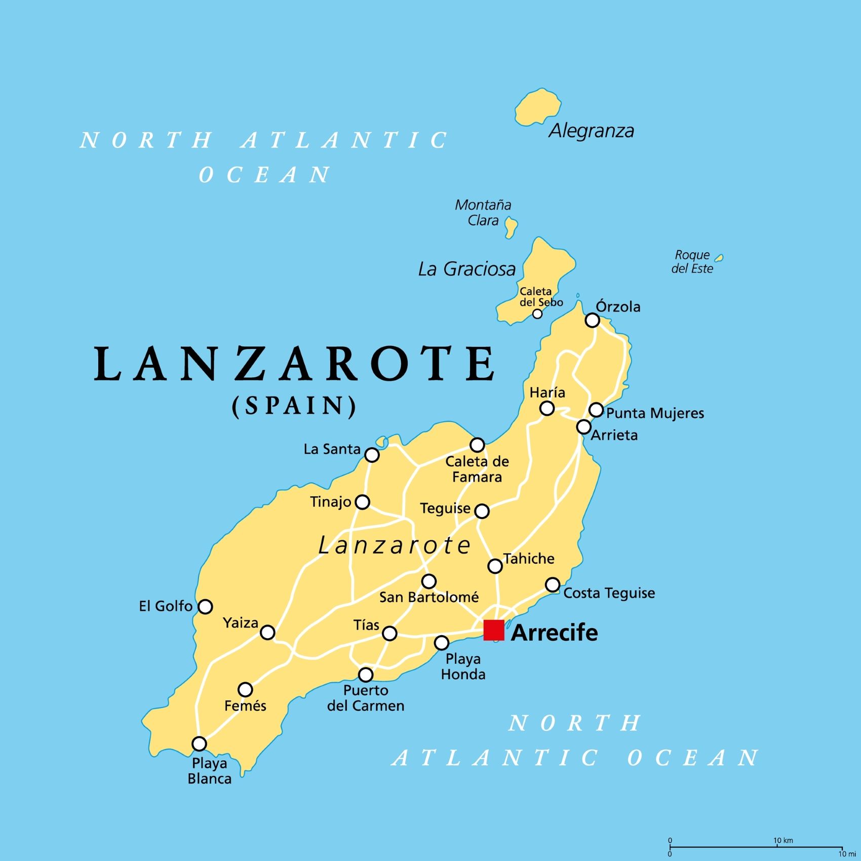 Karte mit wichtigsten Orten auf Lanzarote