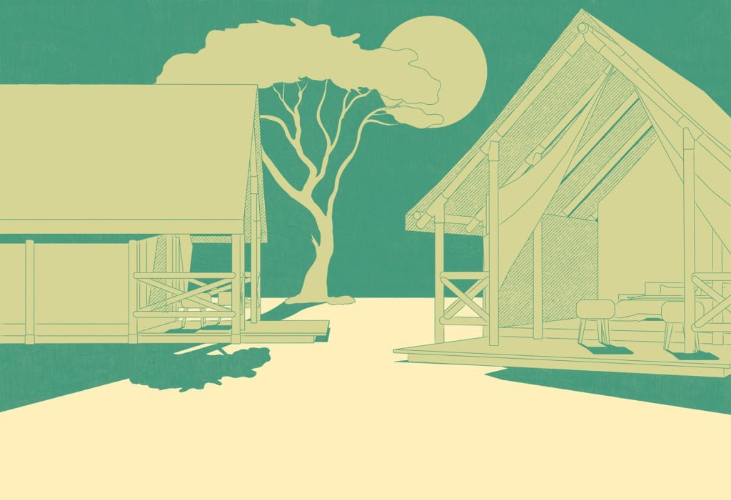 Simbabwe und Elefanten: Illustration von Zelten in der Savanne.