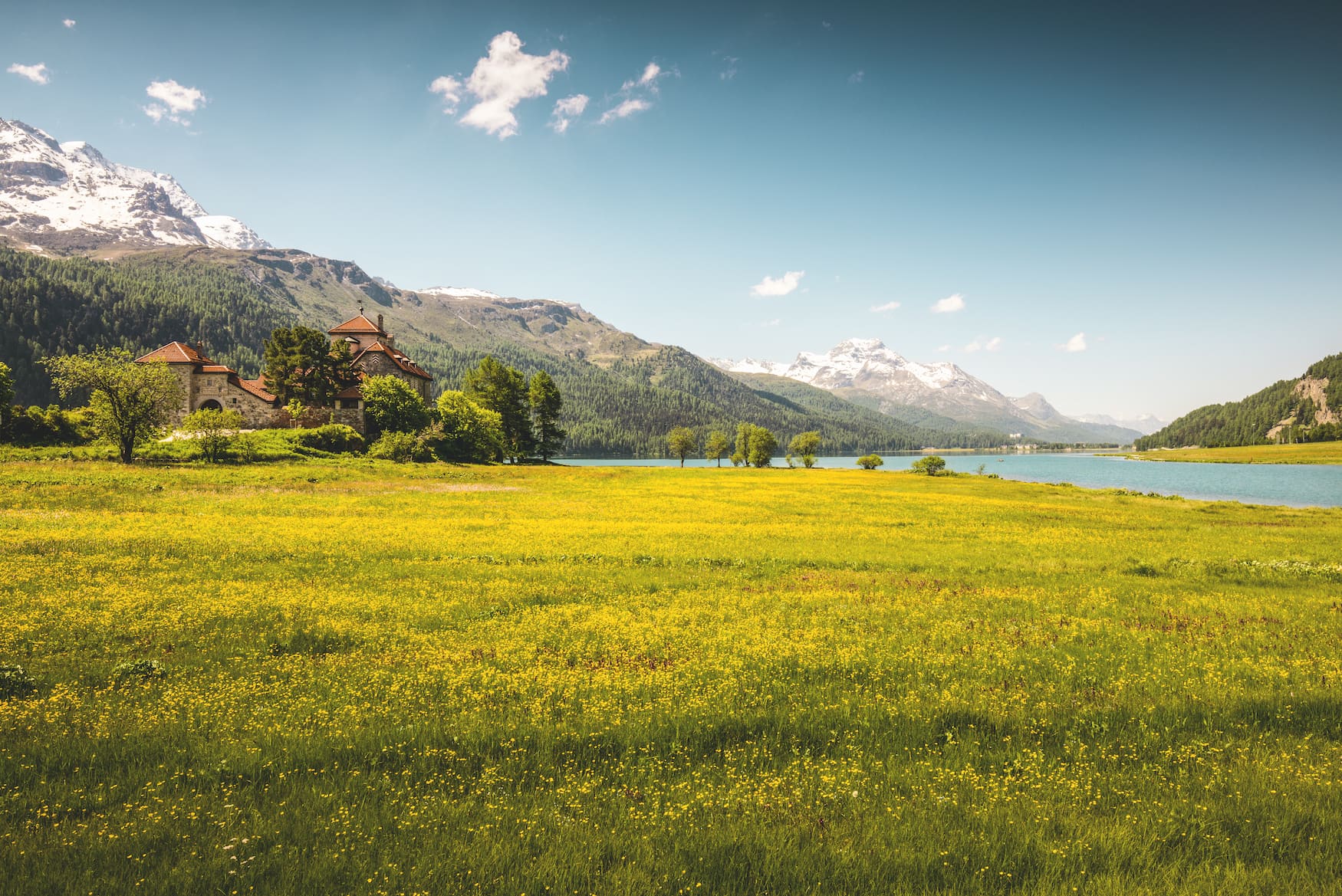 Blick ueber den Frühsommerlichen Silvaplanersee mit dem Schloss Crap da Sass