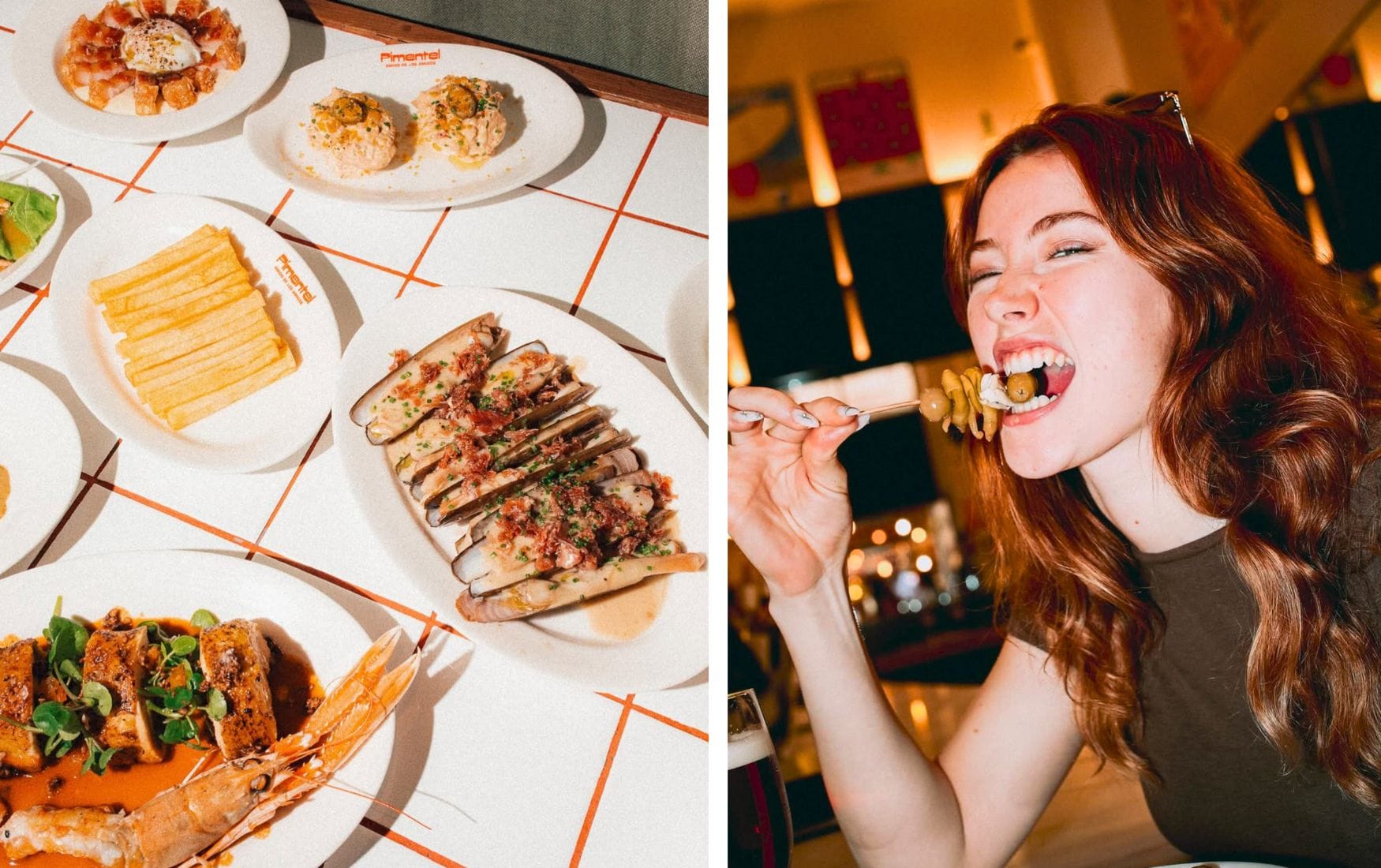 Collage aus einer Frau zu Gast und verschiedenen Speisen im Restaurant