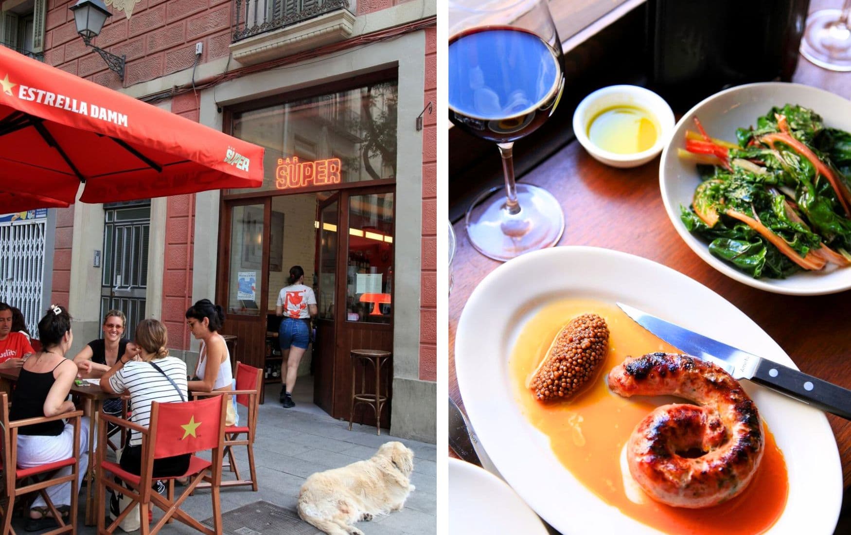 Collage der Terrasse und der Speisen der Bar Super in Barcelona