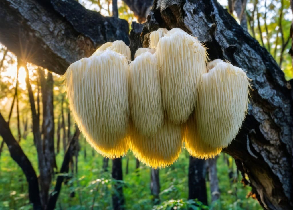 Löwenmähnen-Pilz wächst an Eiche-Baum