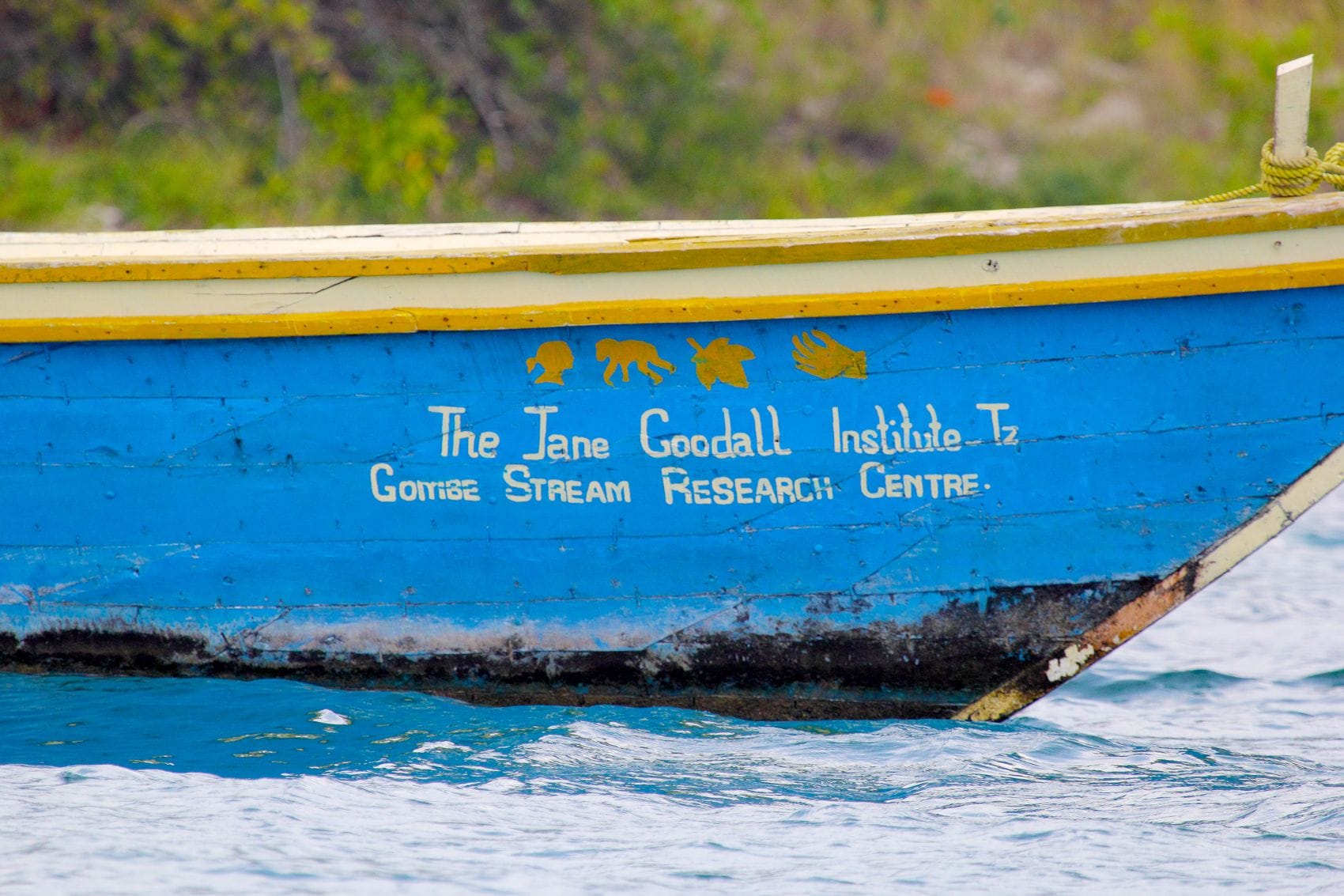 Boot mit Aufschrift Jane-Goodall-Institut in Tansania