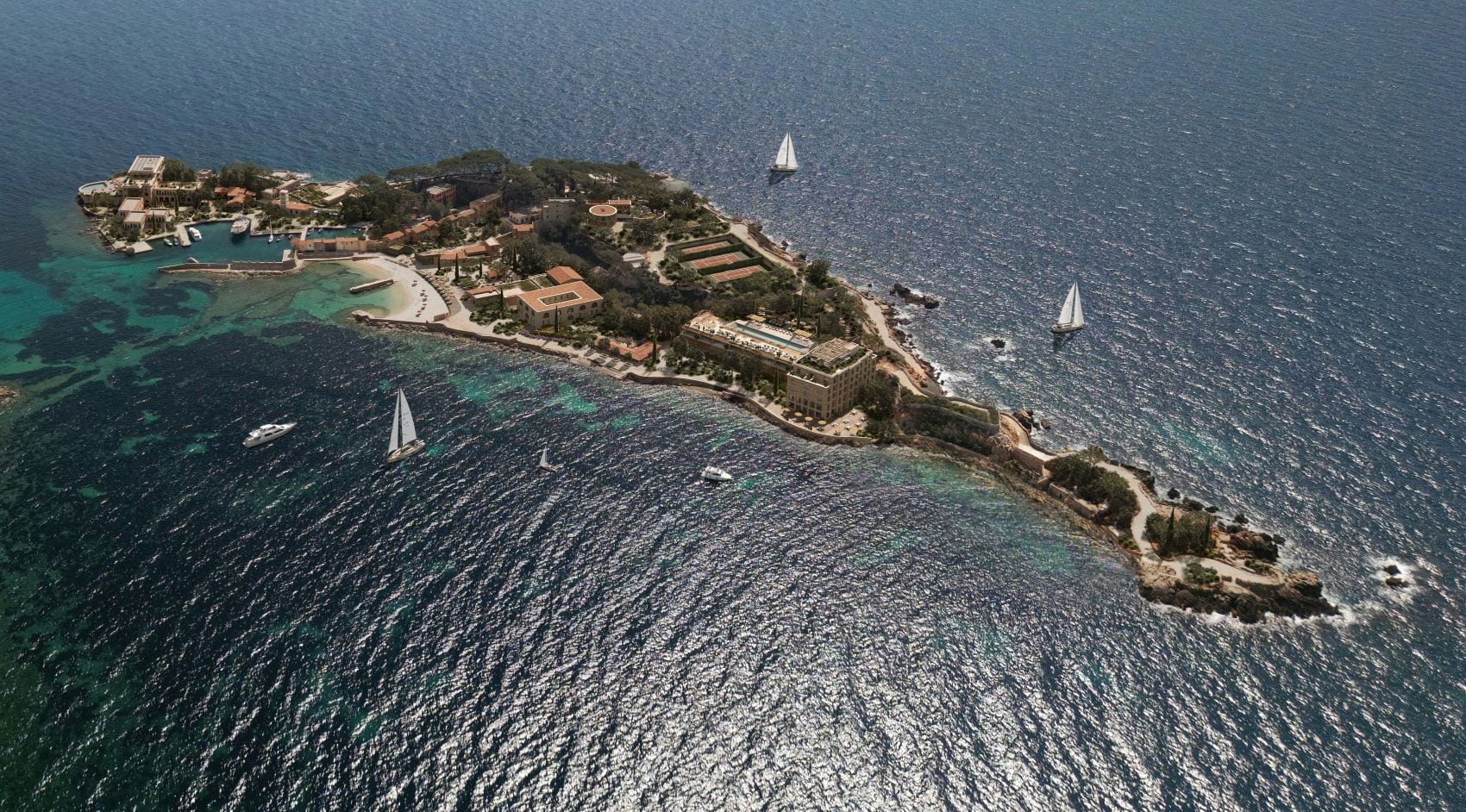 Insel Ile de Bendor und Hotel Zannier Bendor aus Vogelperspektive