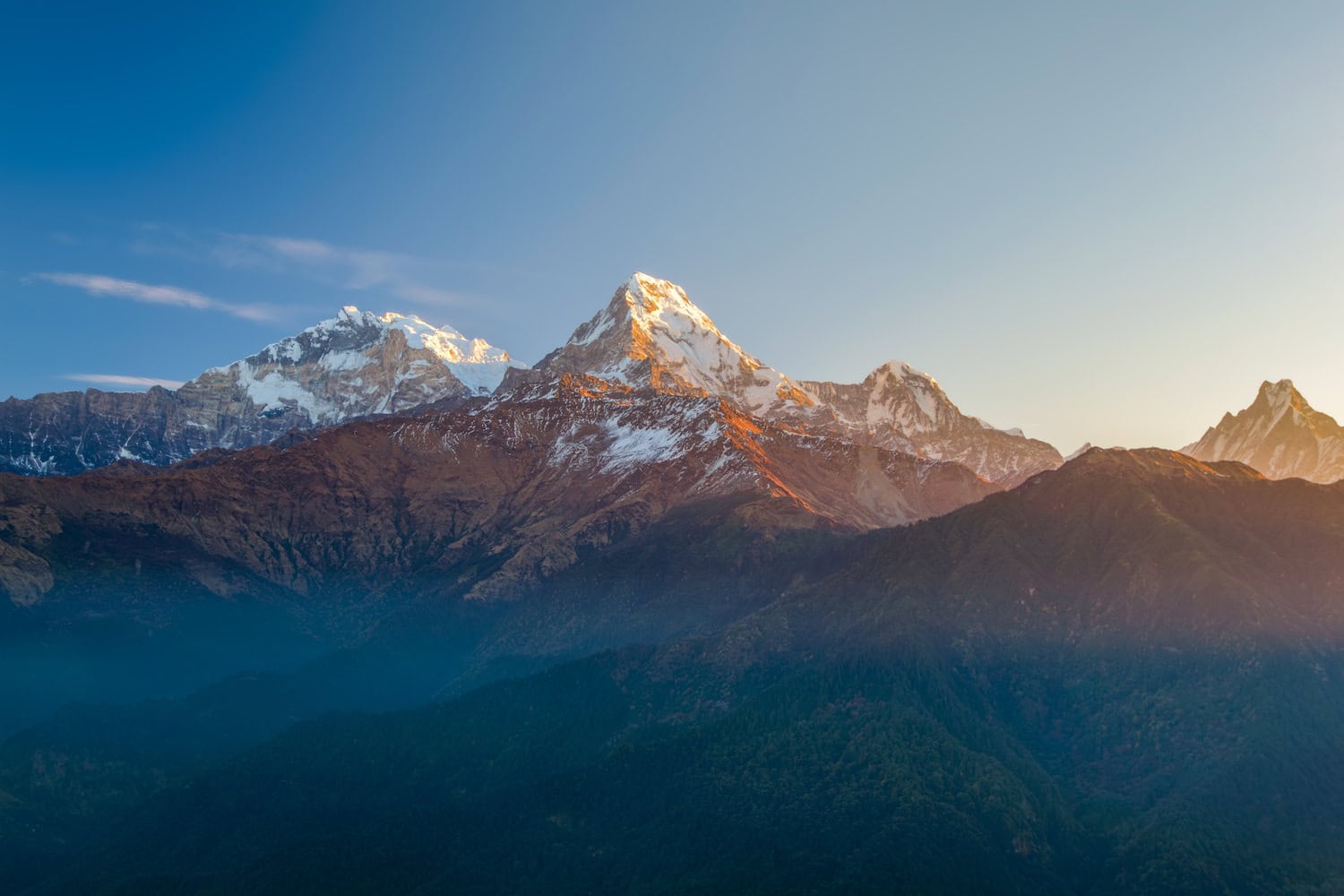 Machapuchare und Annapurna in Nepal, Blick auf die Berge, deren Gipfel sonnig sind, im Tal liegt Nebel.
