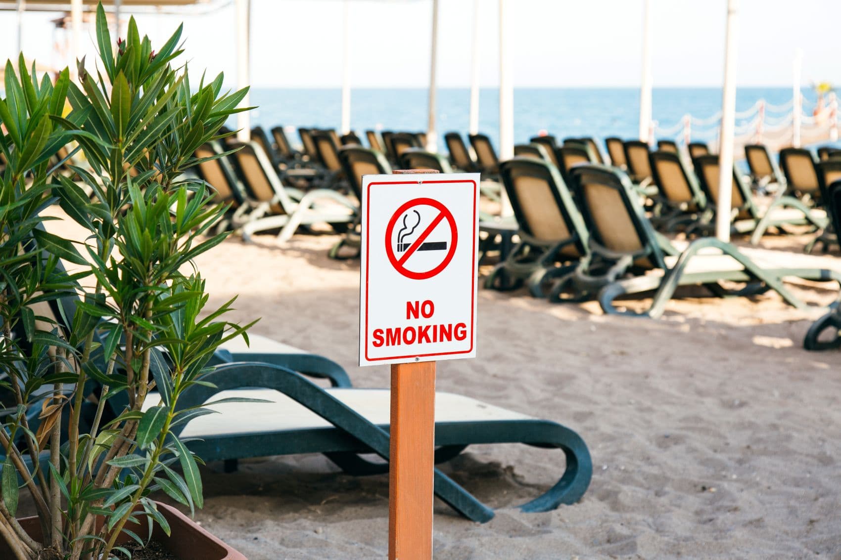 Schild mit Aufschrift "No Smoking" an einem Strand