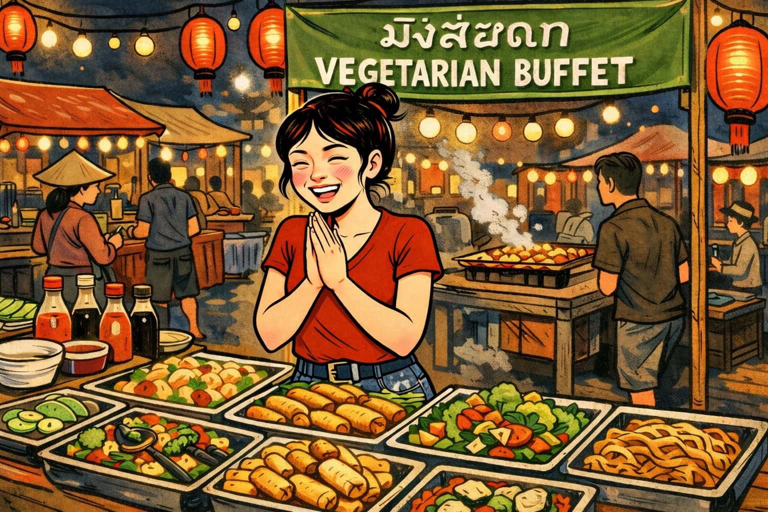 Grafik von einer Frau, die vor einem vegetarischen Buffet in Laos steht und sich freut.