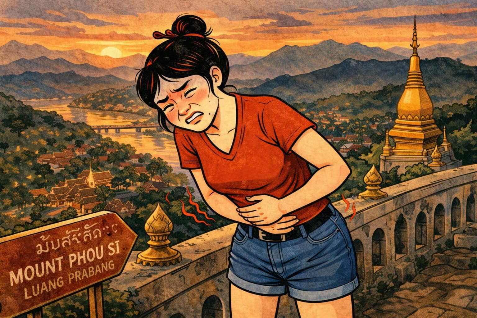 Illustration einer Frau, die sich den Bauch hält, weil sie sich den Magen verdorben hat. Im Hintergrund der Blick auf Luang Prabang und den Mekong im Abendlicht.