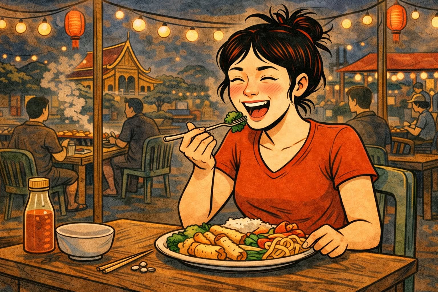 Illustration einer Frau, die einen Teller asiatisches Essen isst, im Hintergrund Luang Prabang.