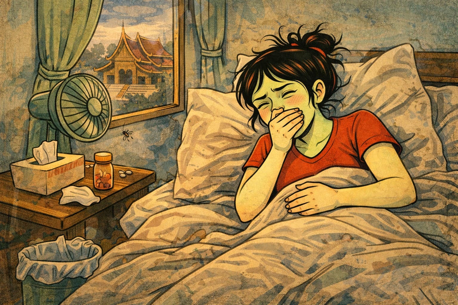 Illustration einer Frau, die mit grünem Gesicht krank im Bett liegt, neben ihr stehen Tee und Tabletten, im Fenster sieht man einen Tempel in Laos.