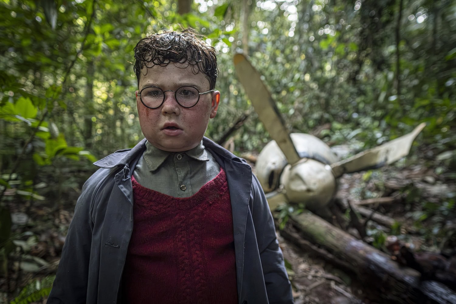 Piggy aus Lord of the Flies vor dem abgestürzten Flugzeug