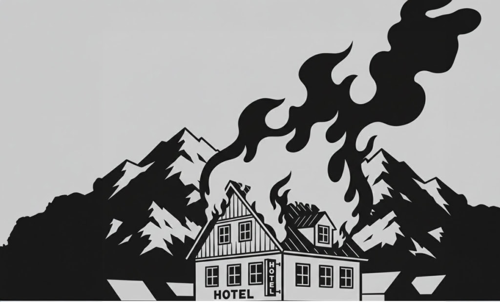 Illustration brennendes Hotel in den Alpen
