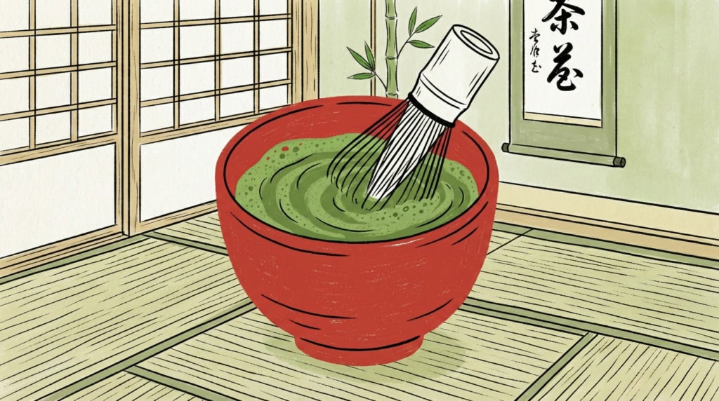 Illustration eines Matcha-Tees, der schaumig geschlagen wird.