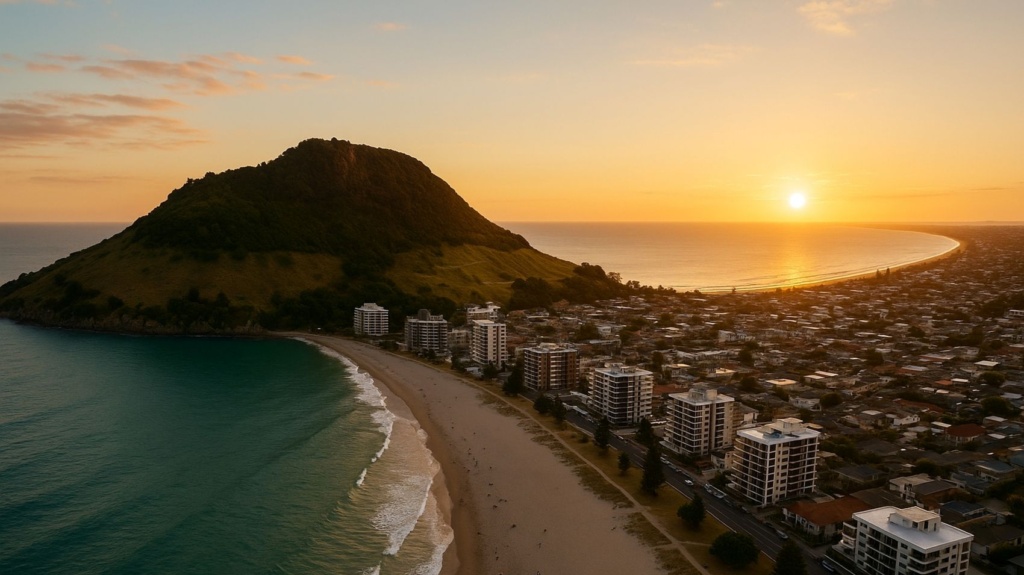 Panoramablick auf Mount Maunganui und Strand