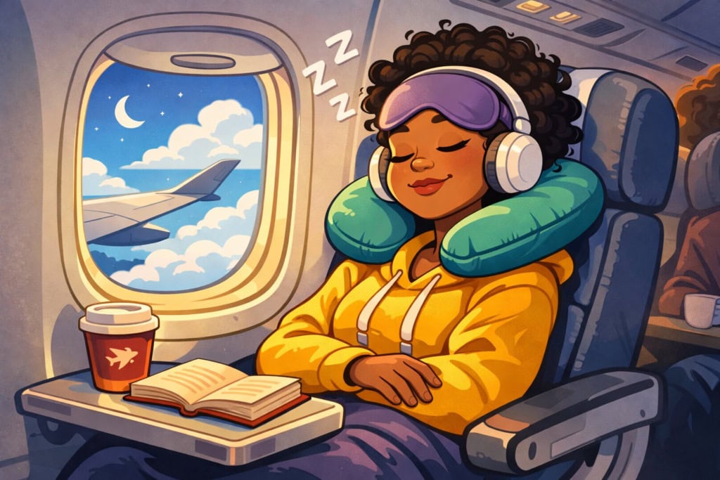 Illustration einer Frau, die im Flugzeug schläft