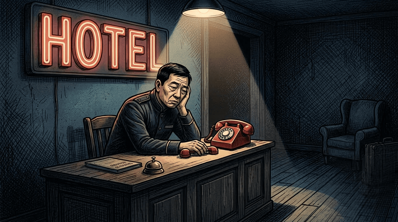 Illustration: Gelangweilter Rezeptionist in Hotel mit Verbindungstür in Myanmar