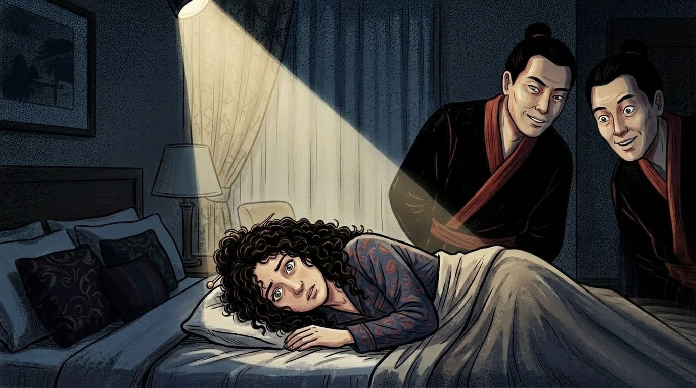 Illustration: Zwei fremde Männer stehen neben Bett von Frau in einem dunklen Hotelzimmer