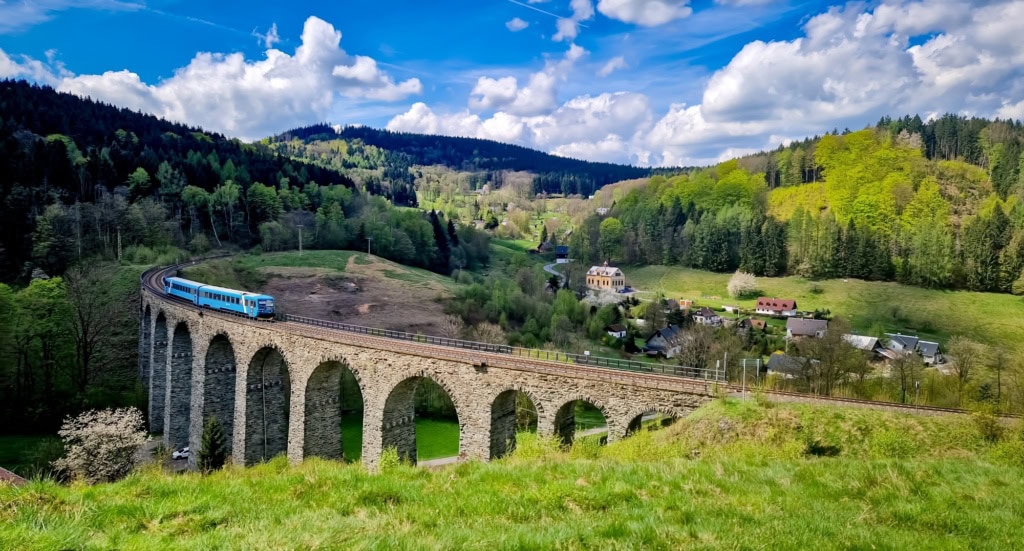 Ein blauer Zug fährt über ein Viadukt durch eine sommergrüne Landschaft.