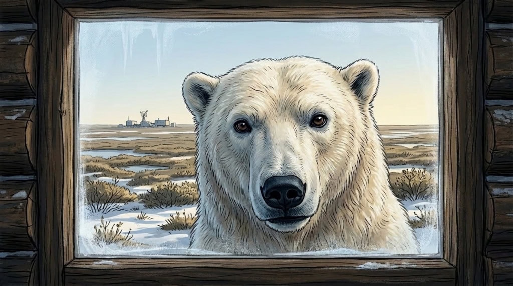 Illustration: Eisbär schaut durch ein Fenster in eine Hütte