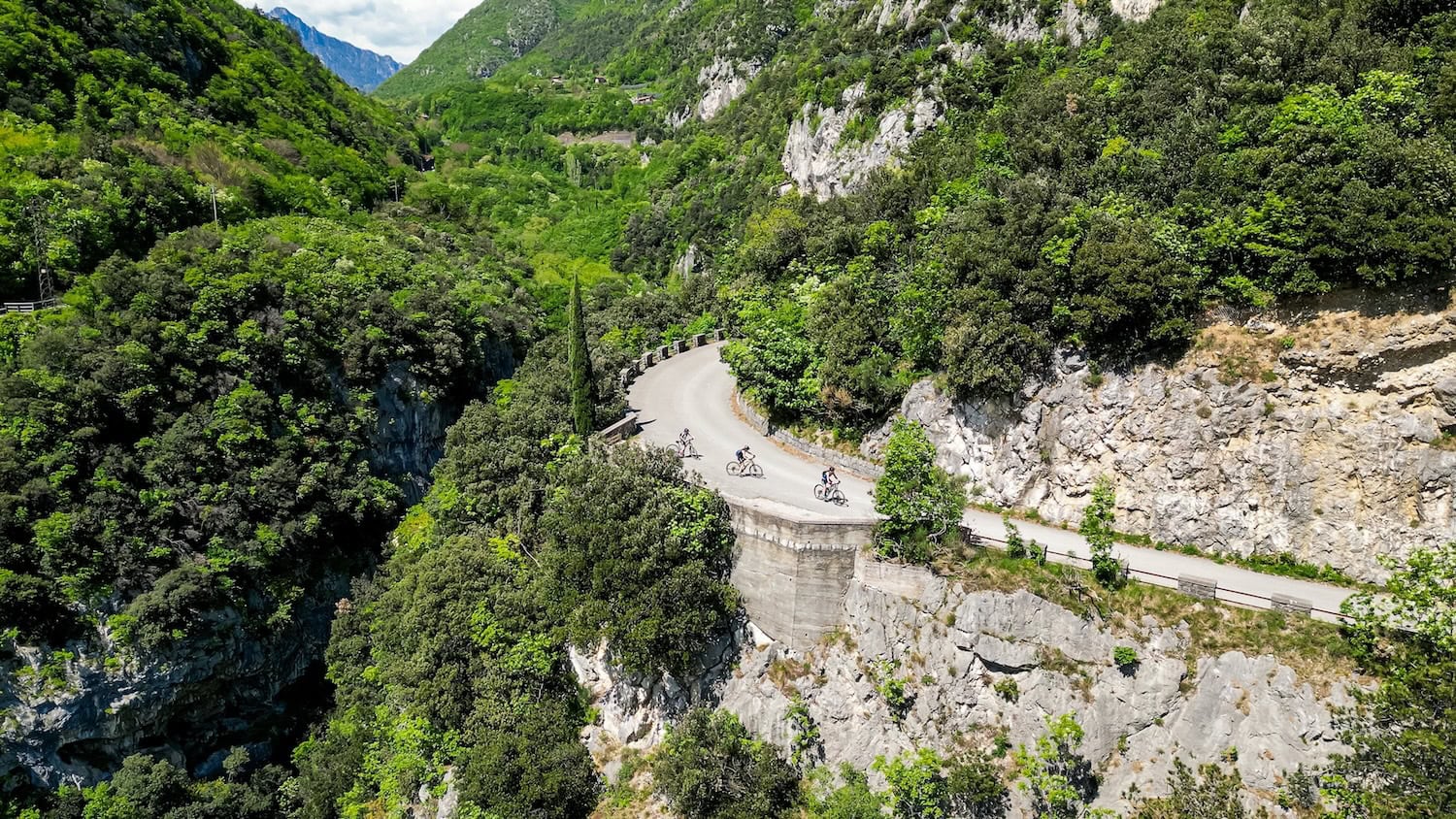 Radfahrer auf einer kurvenreichen Straße, der Sentiero del Ponale am Gardasee, auf der Straße sind nur die drei Radfahrer, drumherum steil abfallende Felsen mit üppigem Grün bewachsen.