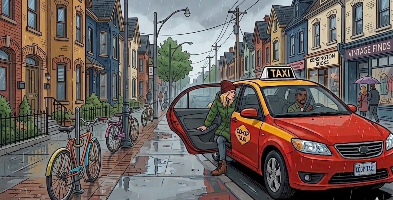 Marie steigt in ein gelb-rotes Taxi von Coop