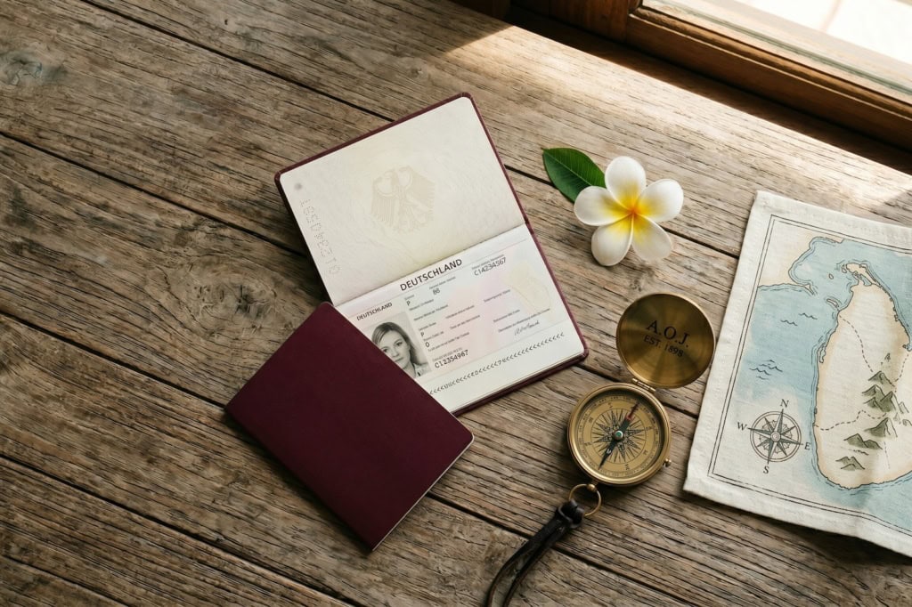 Eine redaktionelle Flat-Lay-Fotografie aus der Vogelperspektive auf einem verwitterten Teakholztisch. Auf der rechten Seite sind Reiseutensilien arrangiert: ein geöffneter, dunkelroter Reisepass im deutschen Stil, eine weiße Frangipani-Blüte mit gelber Mitte, ein geöffneter Kompass aus Messing und eine gefaltete Leinenkarte, die die Umrisse von Sri Lanka zeigt.