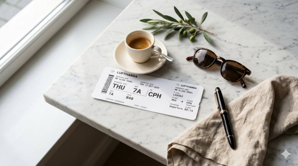 Lufthansa-Bordkarte nach Kopenhagen neben Espressotasse, Sonnenbrille, Olivenzweig und Füllfederhalter auf hellem Marmortisch am Fenster