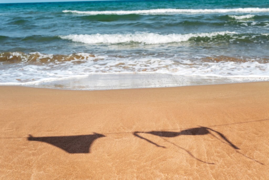 Auf dem Sand eines sommerlichen Strands ist der Schatten eines Bikinis an einer Wäscheleine zu sehen.