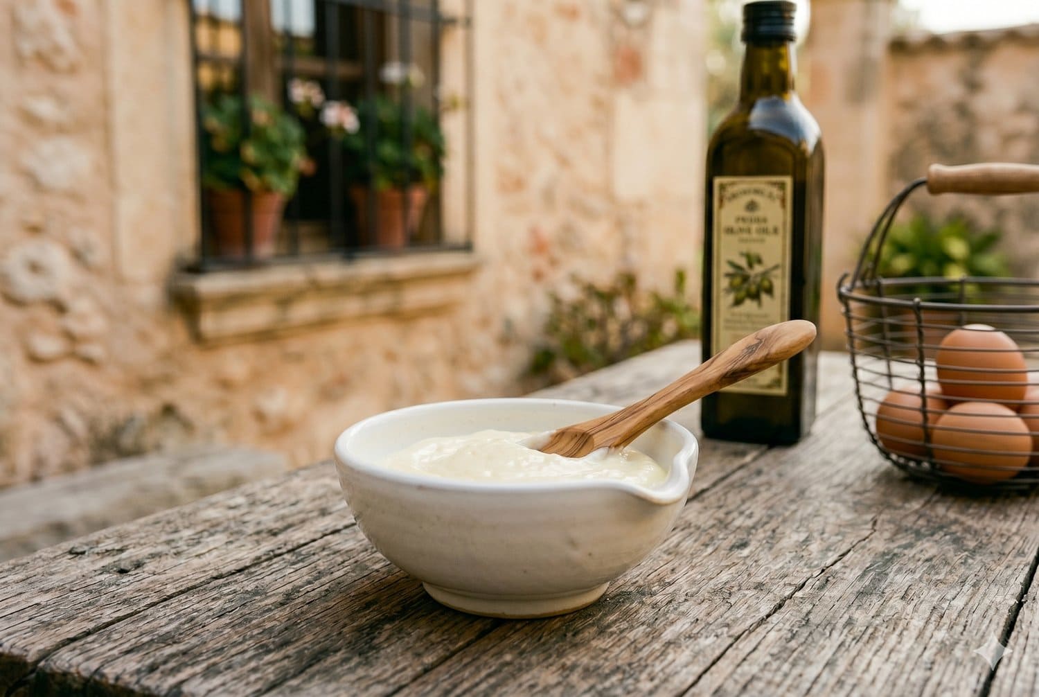 Hausgemachte Aioli in weißer Keramikschale mit Holzlöffel, daneben Flasche Premium-Olivenöl und Drahtkorb mit braunen Eiern auf rustikalem Holztisch