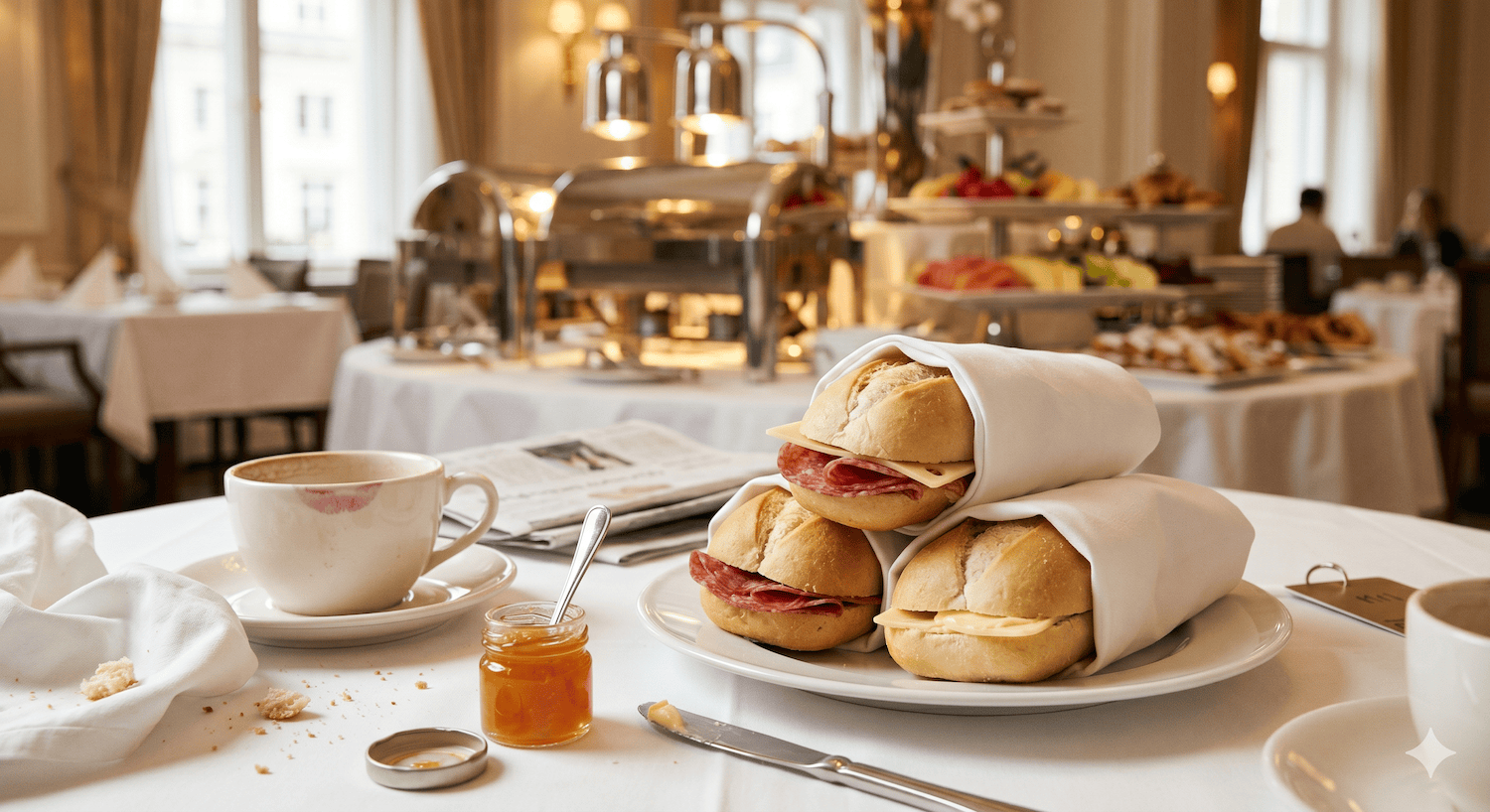 In Servietten eingewickelte Brötchen auf einem Hotel-Frühstückstisch