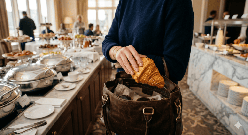 Hand lässt Croissant in Handtasche am Hotel-Frühstücksbuffet verschwinden