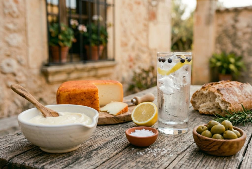 Menorquinisches Stillleben auf rustikalem Holztisch: angeschnittenes Queso Mahón, Schale mit hausgemachter Aioli, Gin Tonic mit Zitrone und Wacholderbeeren, Brot, grüne Oliven und Salz vor mediterraner Steinmauer