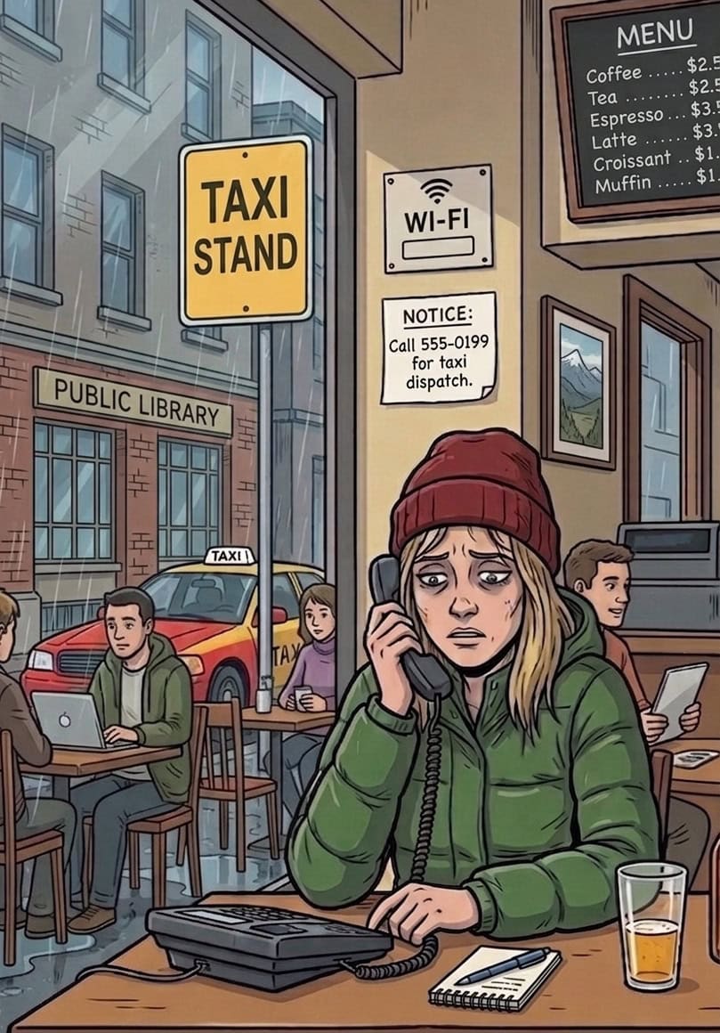 Marie sitzt in einem Café und telefoniert ganz angespannt