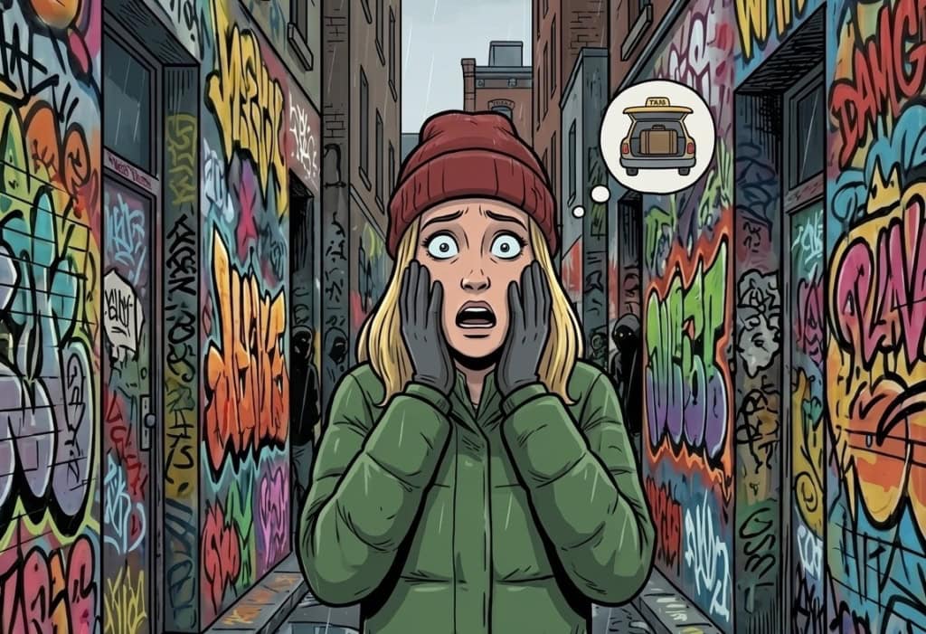 Marie in der Graffiti Alley in Toronto nachdem sie ihren Koffer im Taxi vergessen hat