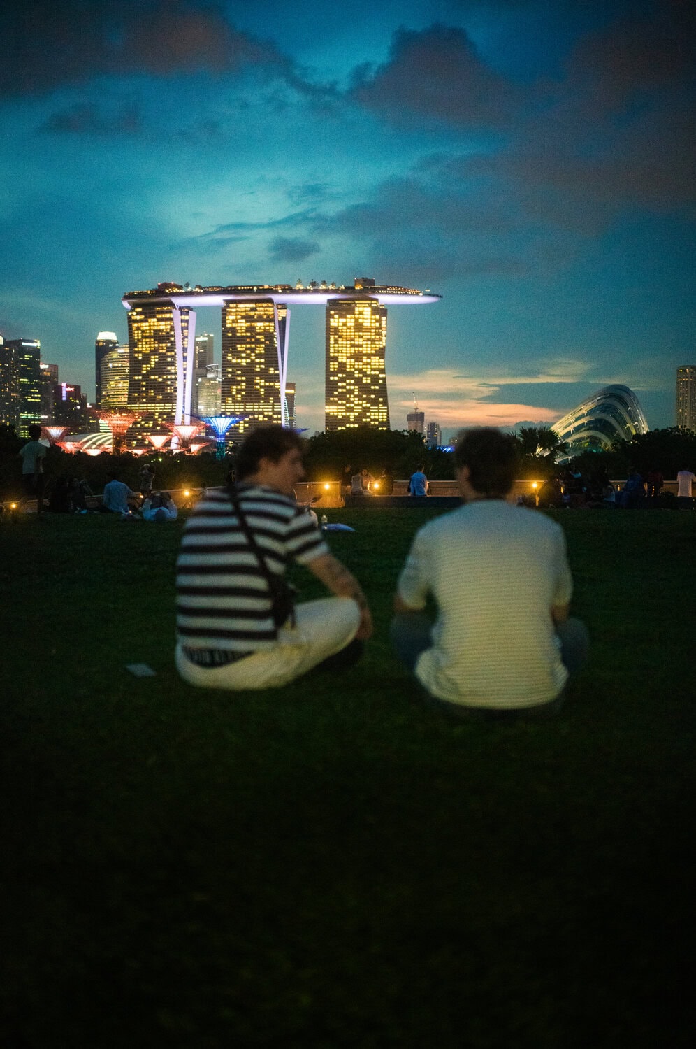 Die Zwillinge von He/ro sitzen von hinten im Gras und blicken in der Abenddämmerung auf die beleuchtete Skyline von Singapur mit dem Marina Bay Sands Hotel.