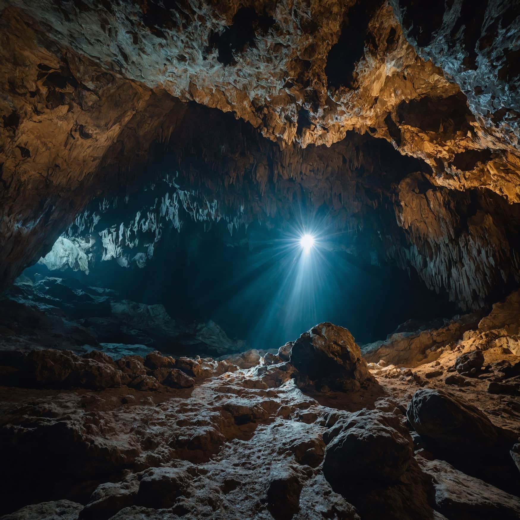Dramatischer Lichtstrahl fällt in eine weitläufige Höhlenkammer der Abaligeter Höhle im Mecsek-Gebirge, Ungarn – Tropfsteine an der Decke, Felsblöcke am Boden