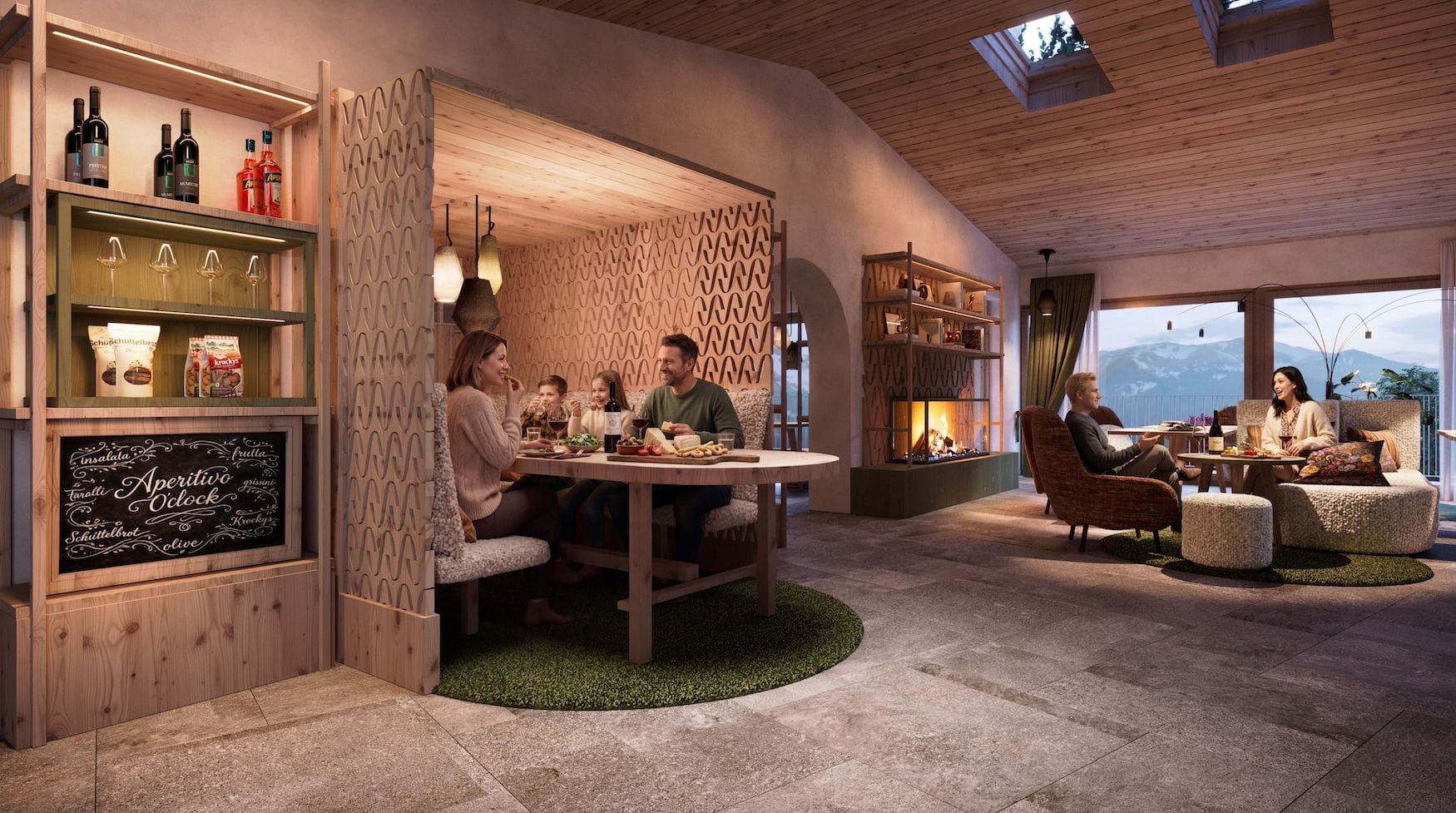 Aperitivo-Lounge im Hotel Aui mit Kamin,gemeinsamem Tisch und Bergblick