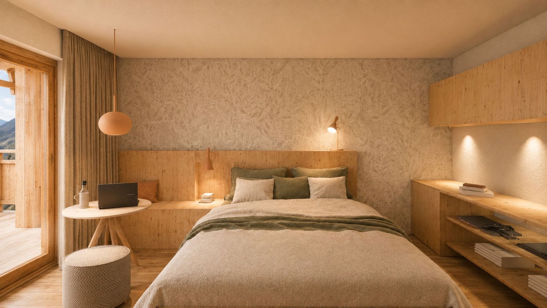 Zimmer im Hotel Aui mit Holzeinrichtung,grüner Bettwäsche und Bergblick