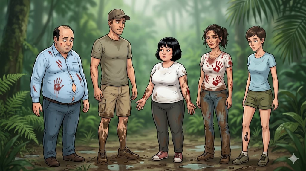 Illustration von fünf Personen im Dschungel in Thailand mit Blutegeln.