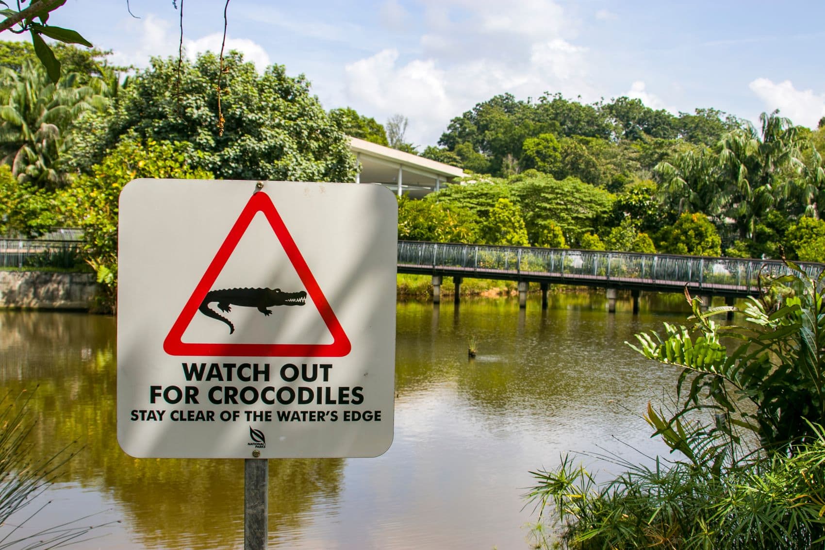 Warnschild vor Krokodilen an einem Gewässer im Sungei Buloh Wetland Reserve in Singapur.